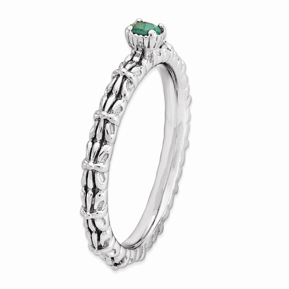 Alternate view of the Sterling Silver Stackable Created Emerald Round Single Stone Ring by The Black Bow Jewelry Co.