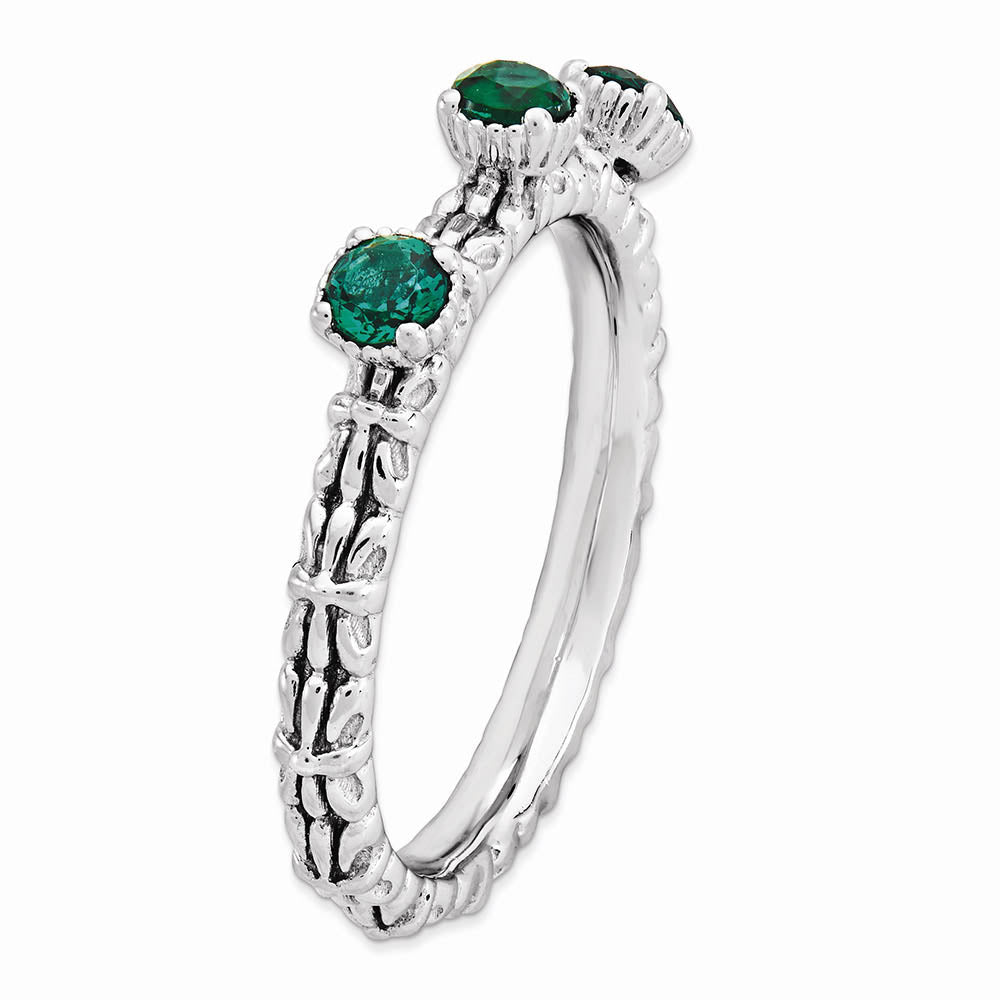 Alternate view of the Sterling Silver Stackable Created Emerald Round Three Stone Ring by The Black Bow Jewelry Co.