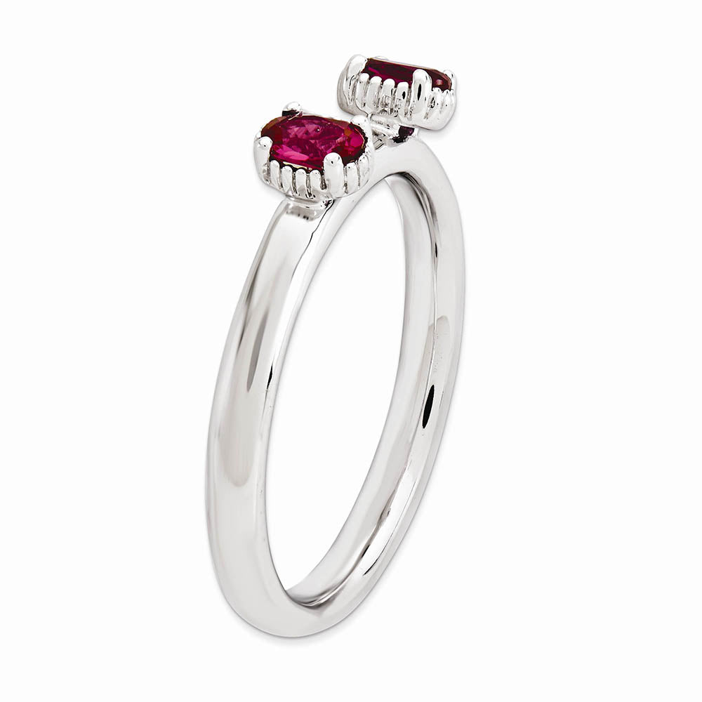 Alternate view of the Sterling Silver Stackable Created Ruby Oval Two Stone Ring by The Black Bow Jewelry Co.