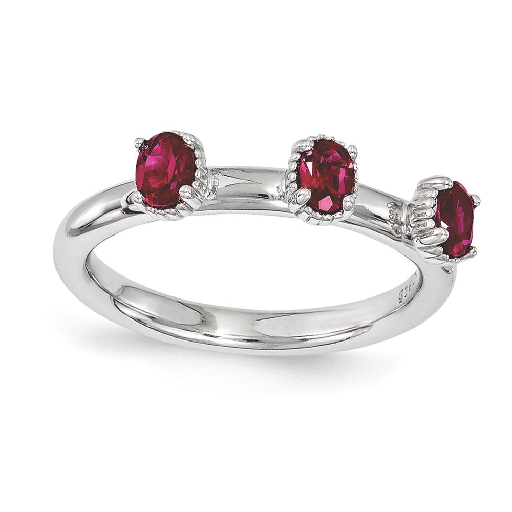 Sterling Silver Stackable Created Ruby Oval Three Stone Ring, Item R11183 by The Black Bow Jewelry Co.