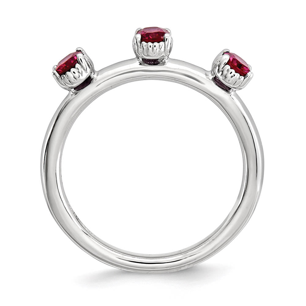 Alternate view of the Sterling Silver Stackable Created Ruby Oval Three Stone Ring by The Black Bow Jewelry Co.