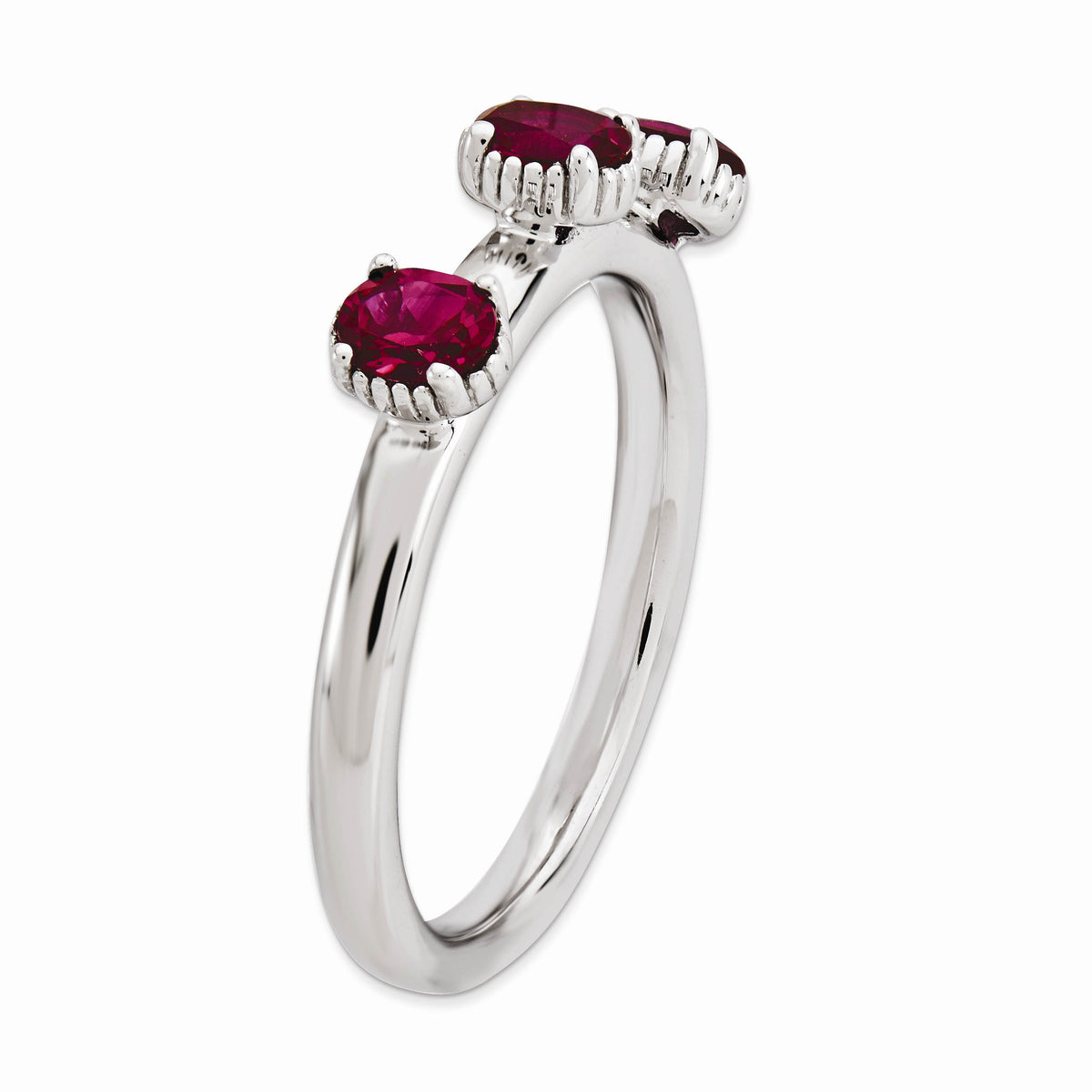 Alternate view of the Sterling Silver Stackable Created Ruby Oval Three Stone Ring by The Black Bow Jewelry Co.