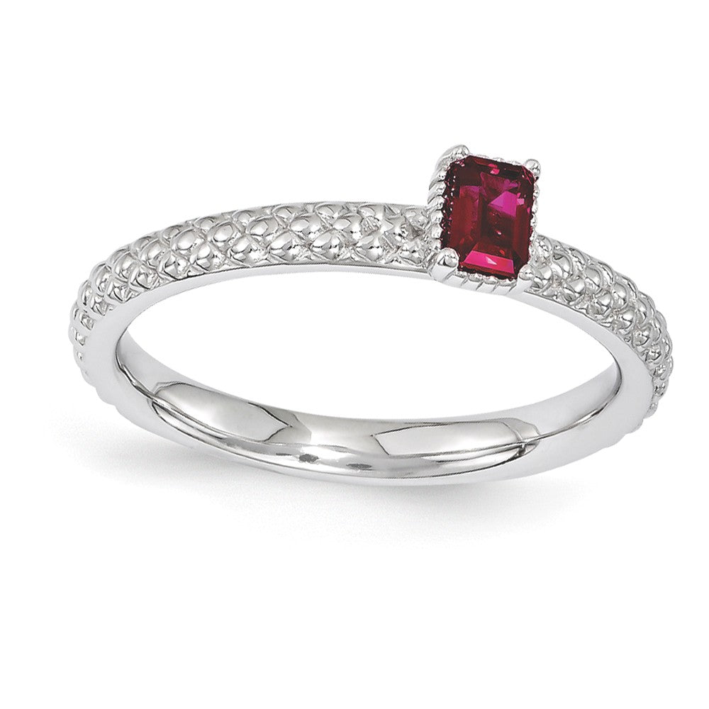 Sterling Silver Stackable Created Ruby Octagon Solitaire Ring, Item R11184 by The Black Bow Jewelry Co.