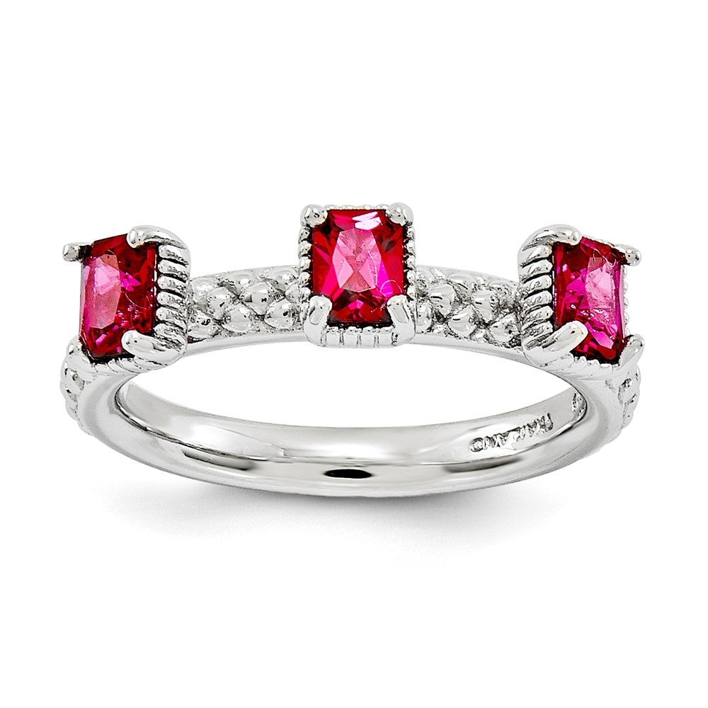 Sterling Silver Stackable Created Ruby Octagon Three Stone Ring, Item R11186 by The Black Bow Jewelry Co.