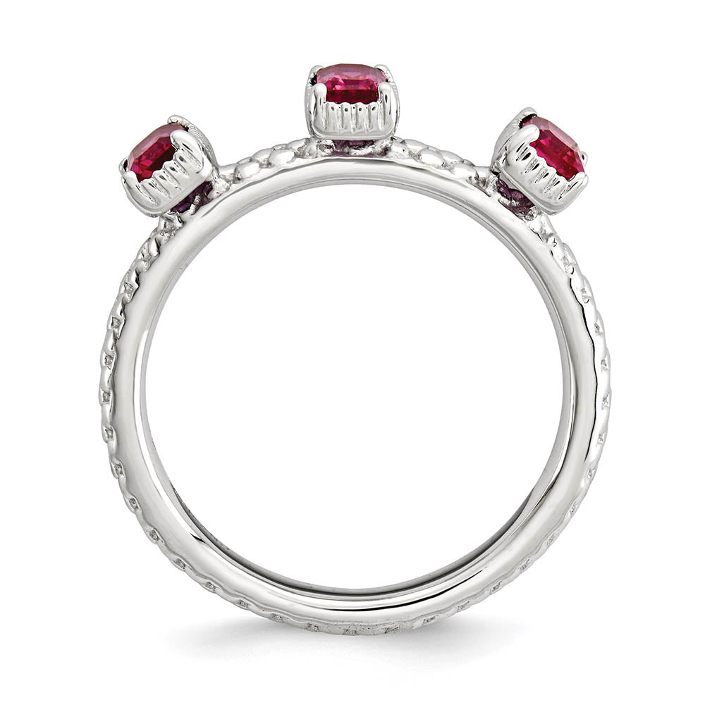 Alternate view of the Sterling Silver Stackable Created Ruby Octagon Three Stone Ring by The Black Bow Jewelry Co.