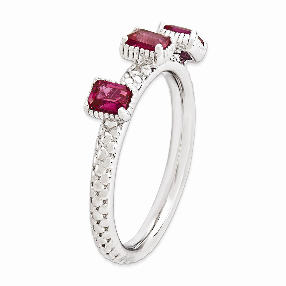 Alternate view of the Sterling Silver Stackable Created Ruby Octagon Three Stone Ring Size 5 by The Black Bow Jewelry Co.