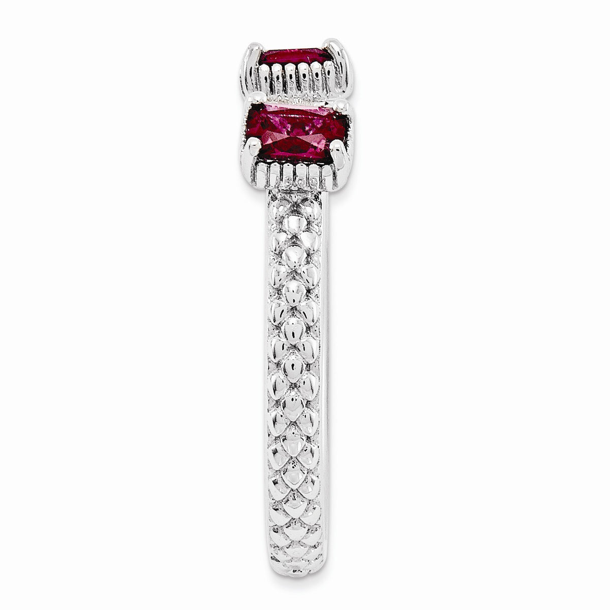Alternate view of the Sterling Silver Stackable Created Ruby Octagon Three Stone Ring by The Black Bow Jewelry Co.