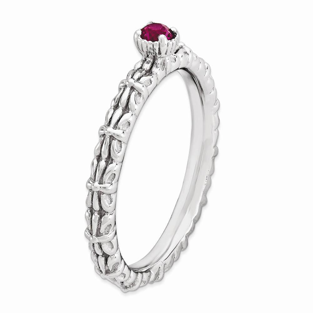 Alternate view of the Sterling Silver Stackable Created Ruby Round Single Stone Ring by The Black Bow Jewelry Co.