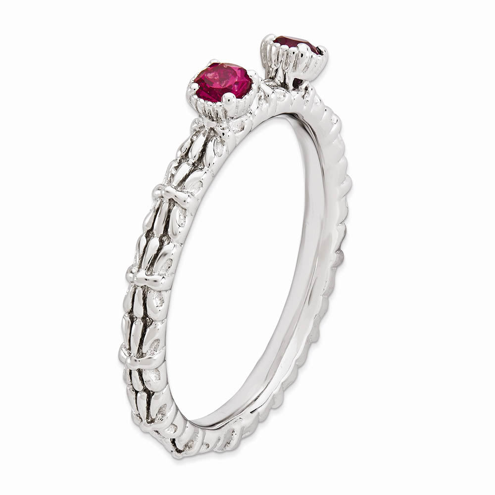 Alternate view of the Sterling Silver Stackable Created Ruby Round Two Stone Ring by The Black Bow Jewelry Co.