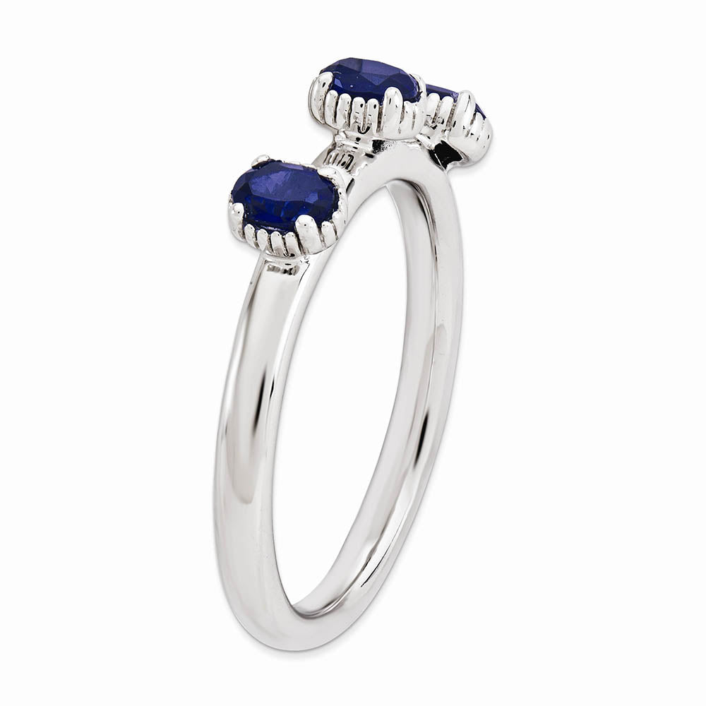 Alternate view of the Sterling Silver Stackable Created Sapphire Oval Three Stone Ring Sz 5 by The Black Bow Jewelry Co.
