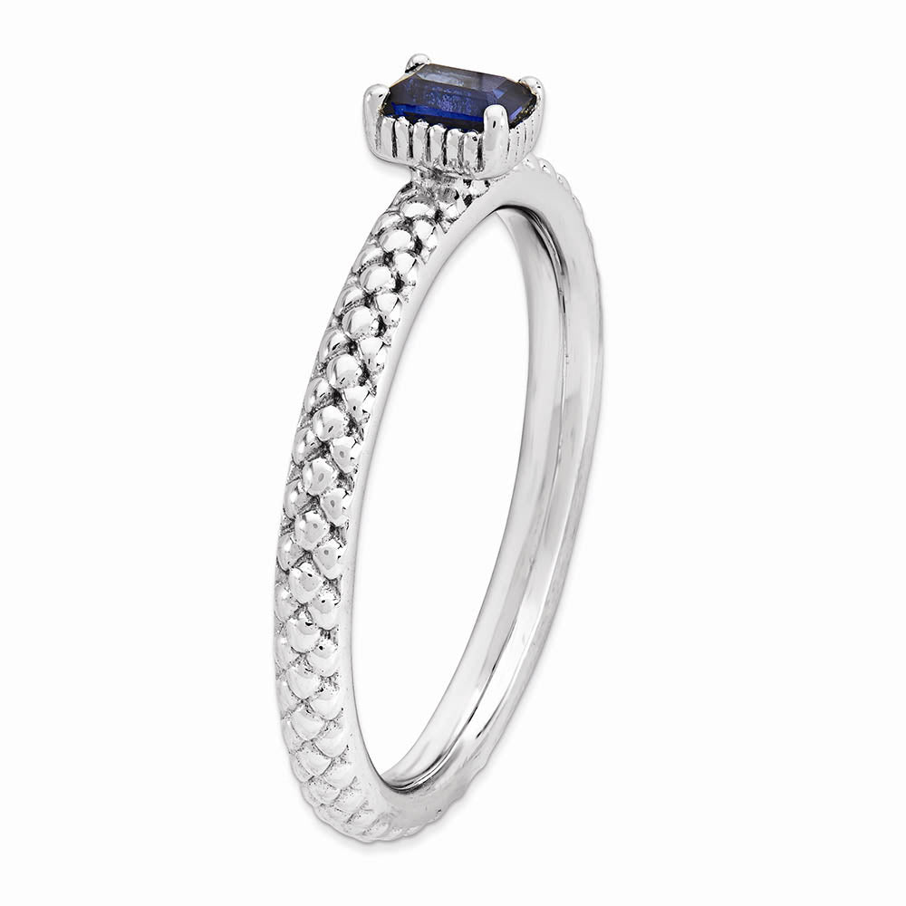 Alternate view of the Sterling Silver Stackable Created Sapphire Octagon Solitaire Ring Sz 5 by The Black Bow Jewelry Co.