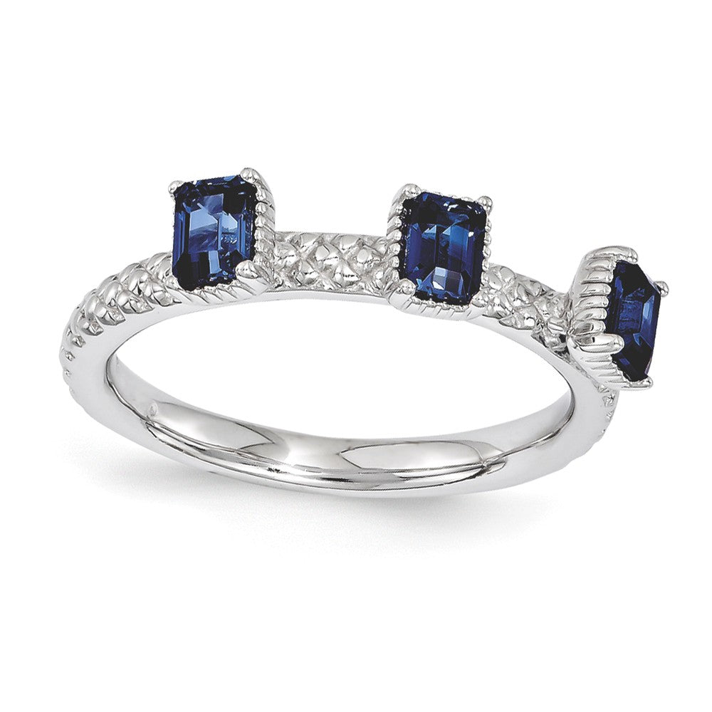Sterling Silver Stackable Created Sapphire Octagon 3 Stone Ring, Item R11195 by The Black Bow Jewelry Co.