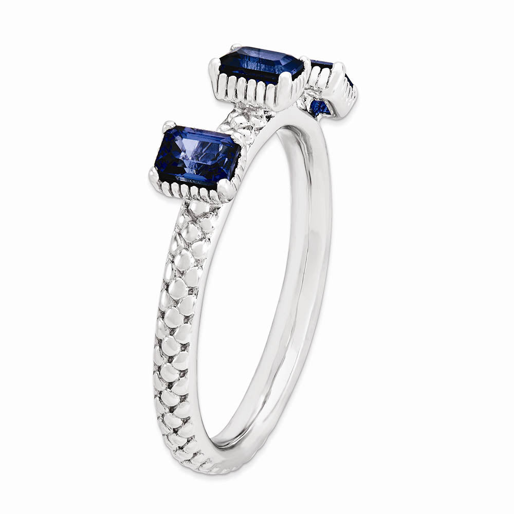 Alternate view of the Sterling Silver Stackable Created Sapphire Octagon 3 Stone Ring by The Black Bow Jewelry Co.