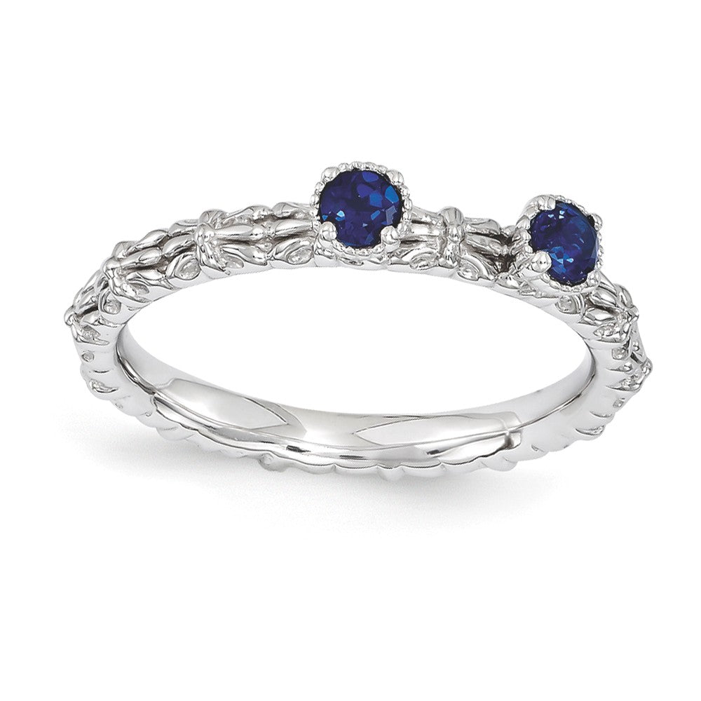 Sterling Silver Stackable Created Sapphire Round Two Stone Ring, Item R11197 by The Black Bow Jewelry Co.