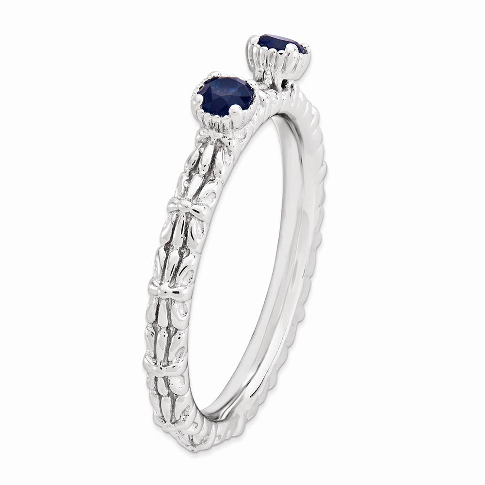 Alternate view of the Sterling Silver Stackable Created Sapphire Round Two Stone Ring by The Black Bow Jewelry Co.