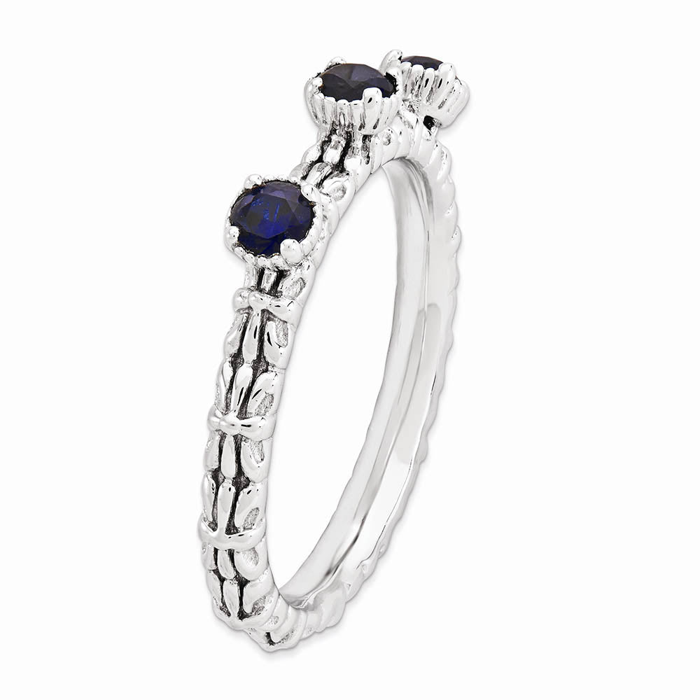 Alternate view of the Sterling Silver Stackable Created Sapphire Round Three Stone Ring Sz 5 by The Black Bow Jewelry Co.