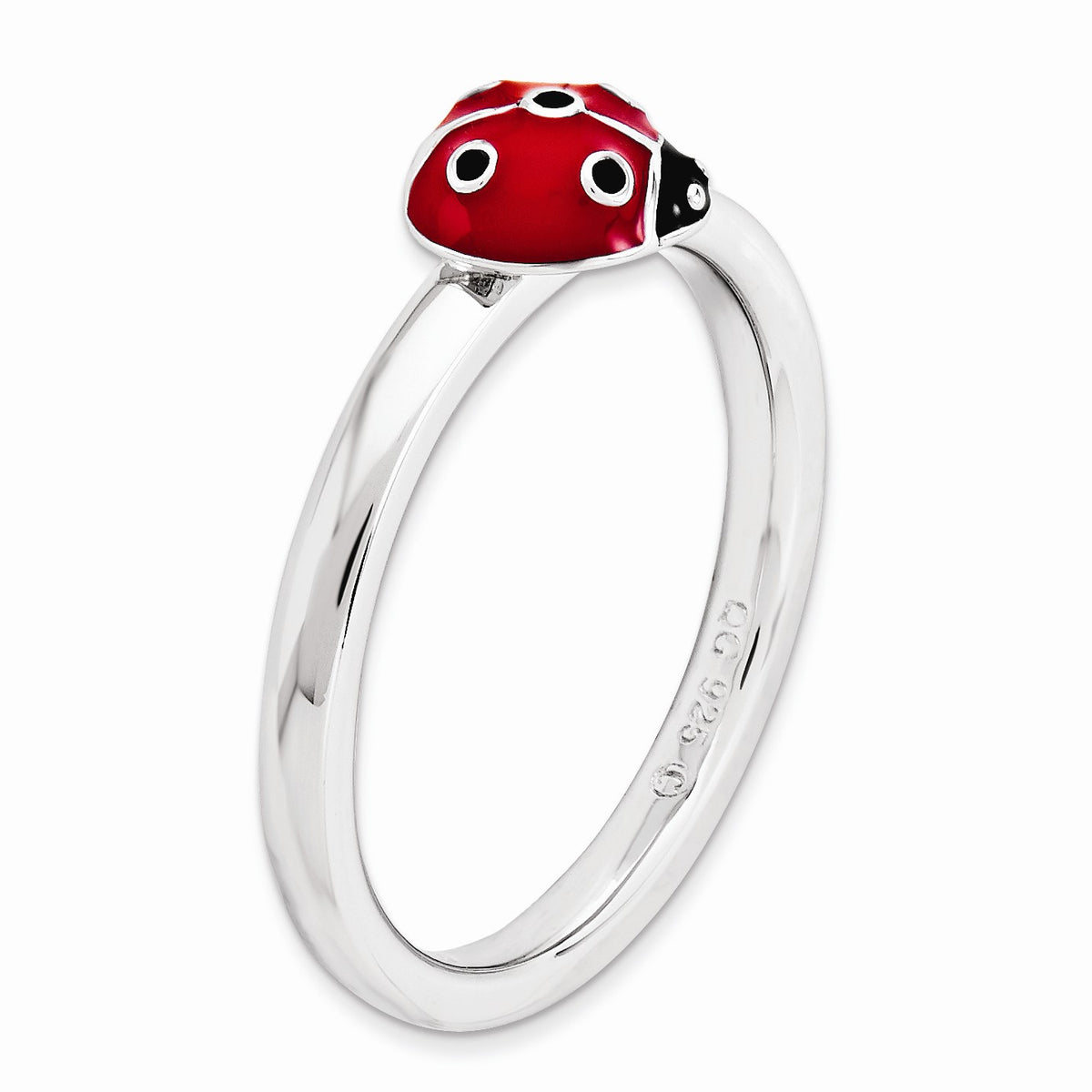 Alternate view of the Sterling Silver Stackable Red & Black Enamel 8mm Ladybug Ring by The Black Bow Jewelry Co.
