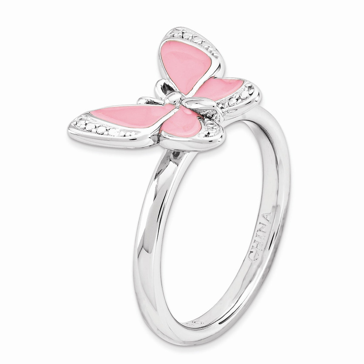 Alternate view of the Sterling Silver & Pink Enamel Stackable 12mm Butterfly Ring Size 5 by The Black Bow Jewelry Co.