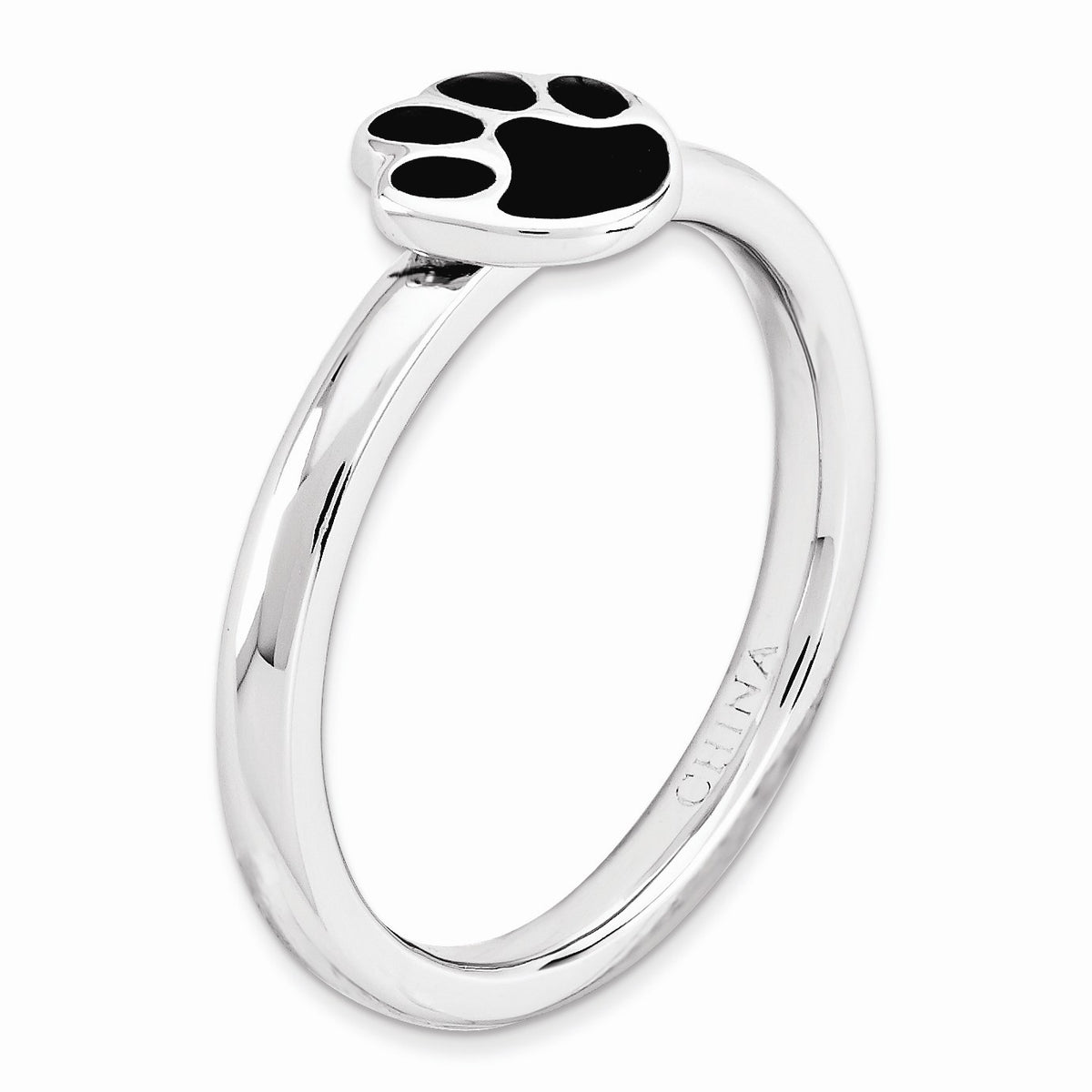 Alternate view of the Sterling Silver Stackable 7mm Black Enamel Paw Print Ring Size 5 by The Black Bow Jewelry Co.