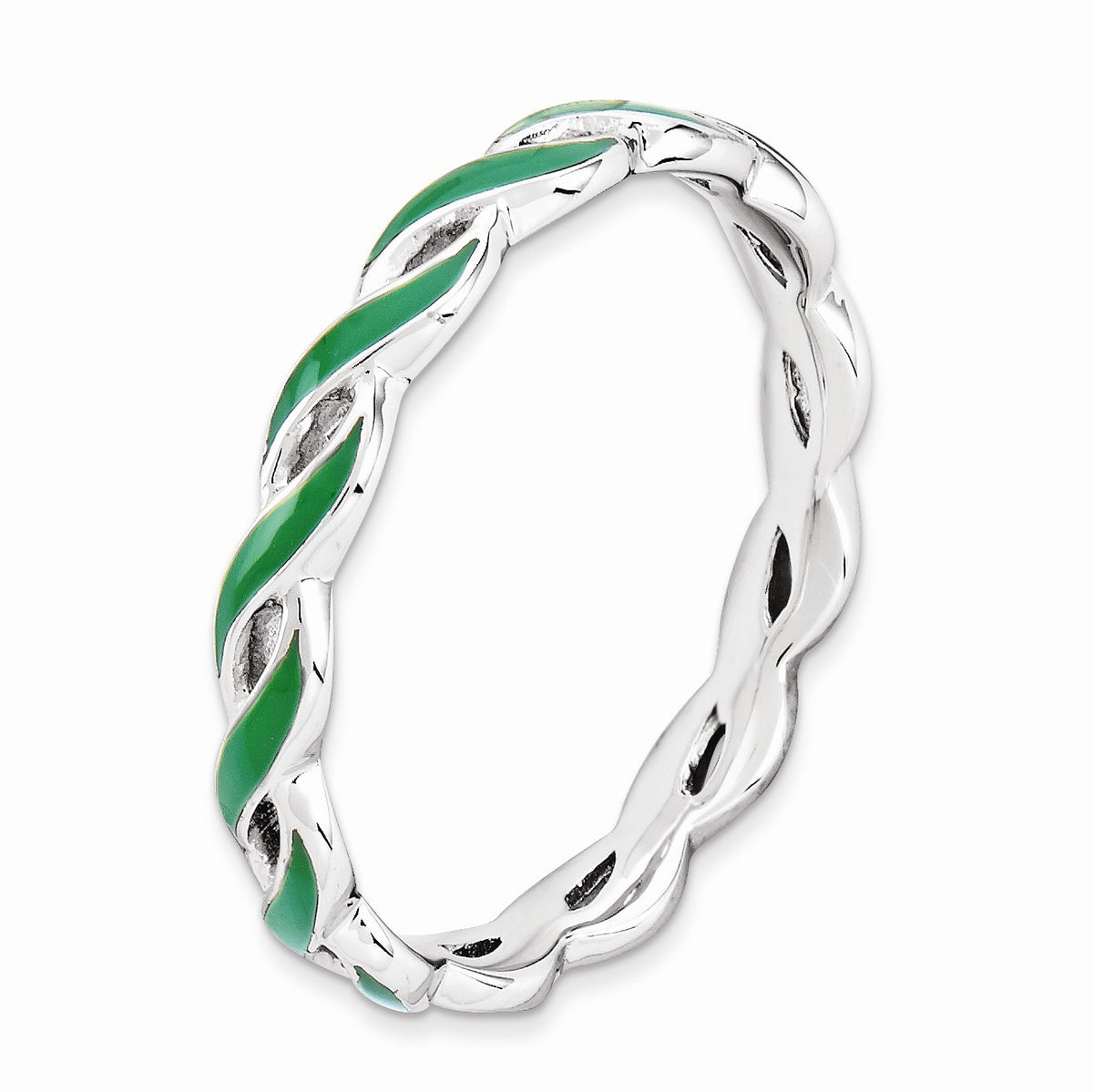 Alternate view of the 2mm Sterling Silver Stackable Expressions Green Enamel Swirl Band Sz 5 by The Black Bow Jewelry Co.
