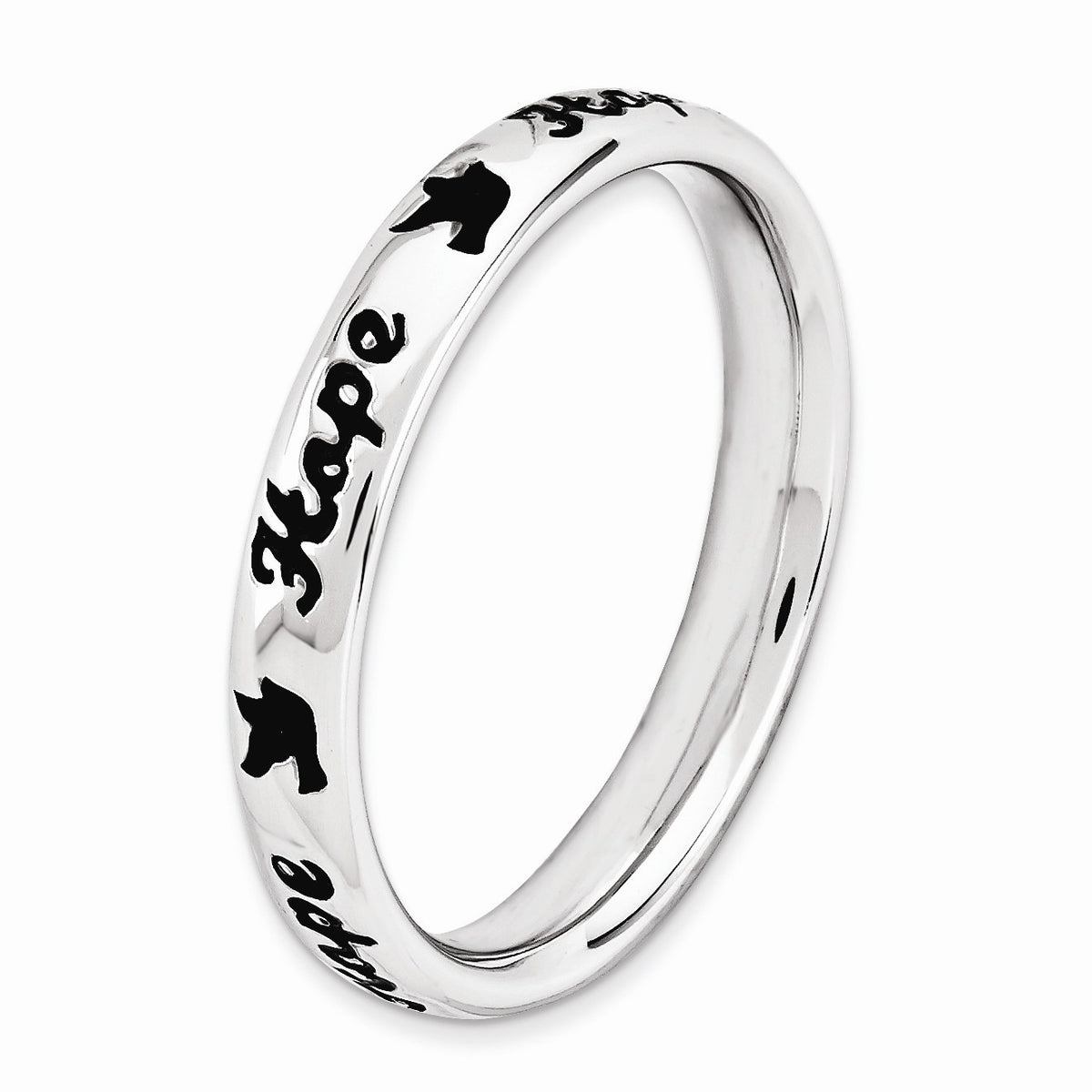 Alternate view of the 3.5mm Sterling Silver Stackable Black Enamel Hope Script Band Size 5 by The Black Bow Jewelry Co.