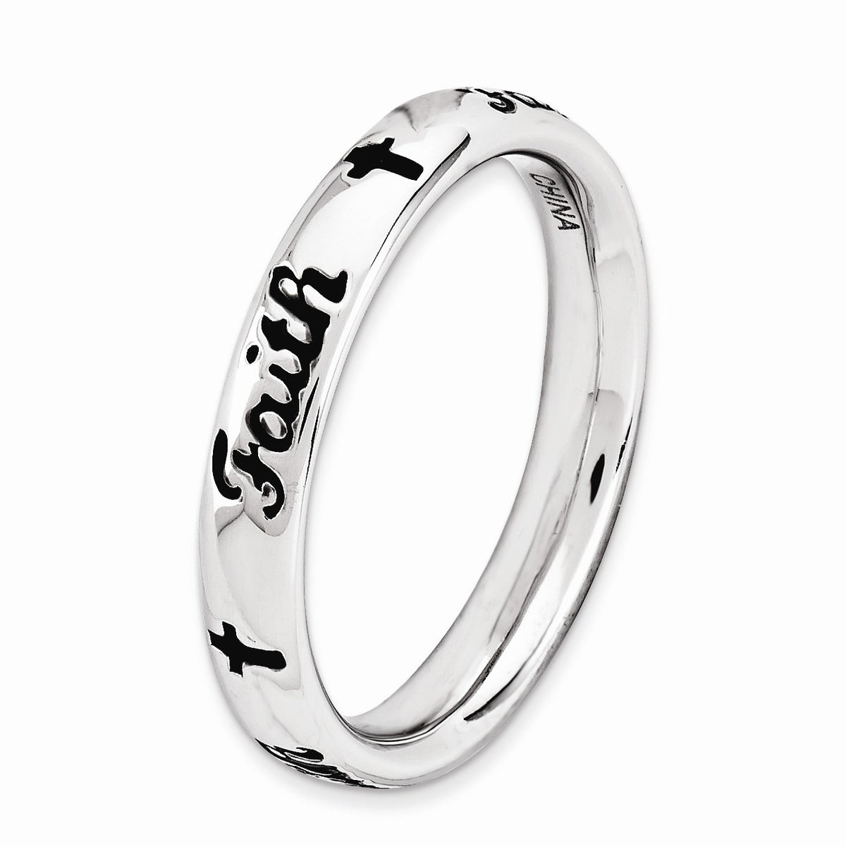 Alternate view of the 3.5mm Sterling Silver Stackable Black Enamel Faith Script Band Size 5 by The Black Bow Jewelry Co.