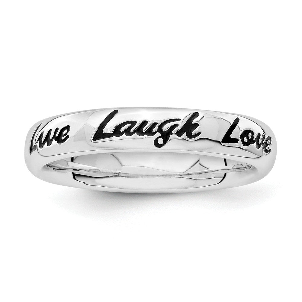 4mm Sterling Silver Stackable Black Enamel Live Laugh Love Script Band, Item R11227 by The Black Bow Jewelry Co.