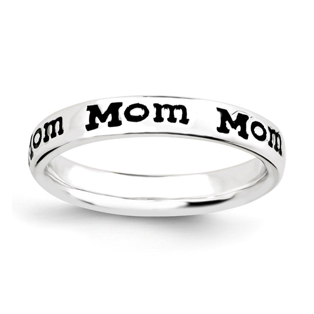 3.5mm Sterling Silver Stackable Black Enamel Mom Script Band, Item R11229 by The Black Bow Jewelry Co.