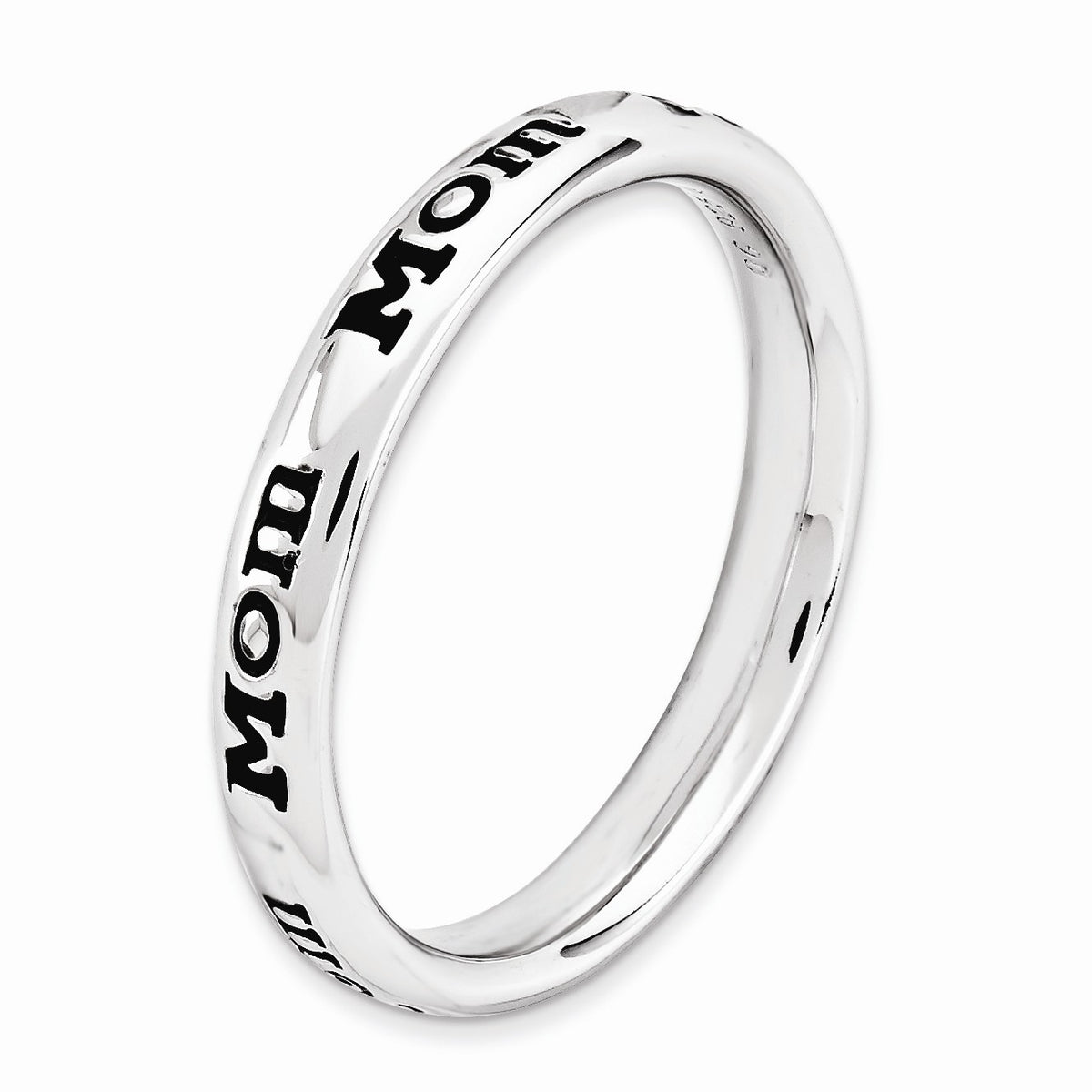 Alternate view of the 3.5mm Sterling Silver Stackable Black Enamel Mom Script Band by The Black Bow Jewelry Co.