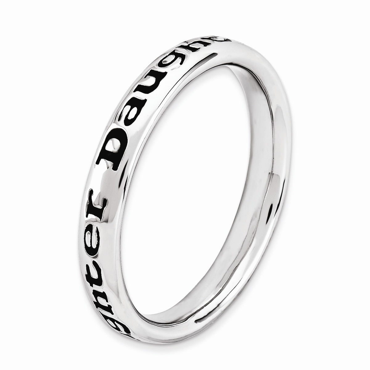 Alternate view of the 3.5mm Sterling Silver Stackable Black Enamel Daughter Script Band Sz 5 by The Black Bow Jewelry Co.
