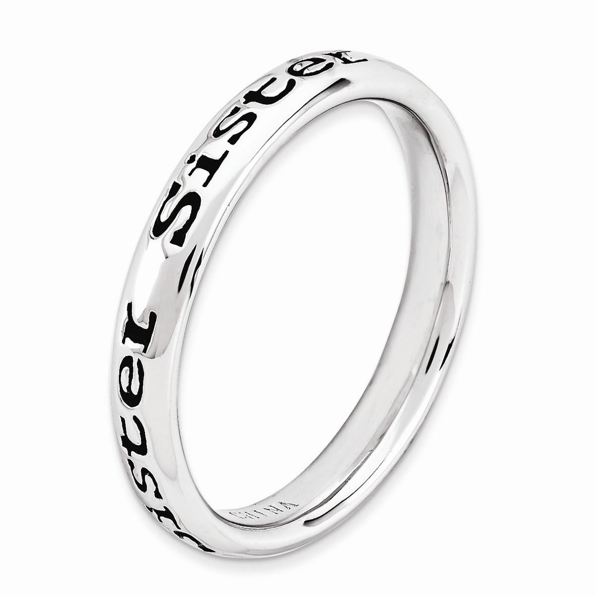 Alternate view of the 3.5mm Sterling Silver Stackable Black Enamel Sister Script Band Size 5 by The Black Bow Jewelry Co.