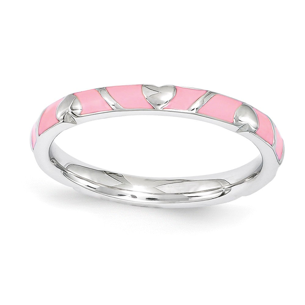 2.5mm Sterling Silver Stackable Expressions Pink Enamel Heart Band, Item R11233 by The Black Bow Jewelry Co.