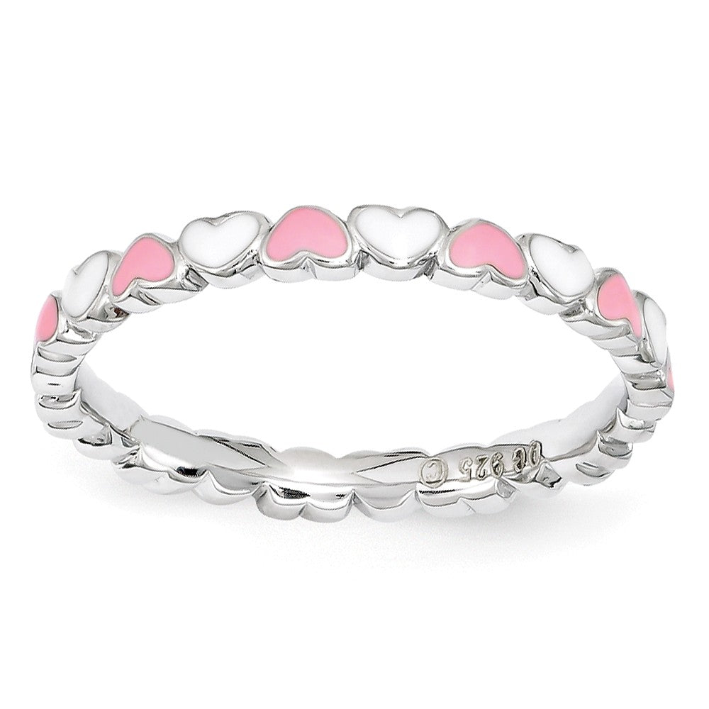 2.5mm Sterling Silver Stackable Pink & White Enamel Heart Band, Item R11235 by The Black Bow Jewelry Co.