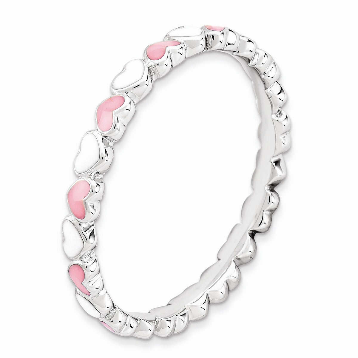 Alternate view of the 2.5mm Sterling Silver Stackable Pink & White Enamel Heart Band by The Black Bow Jewelry Co.