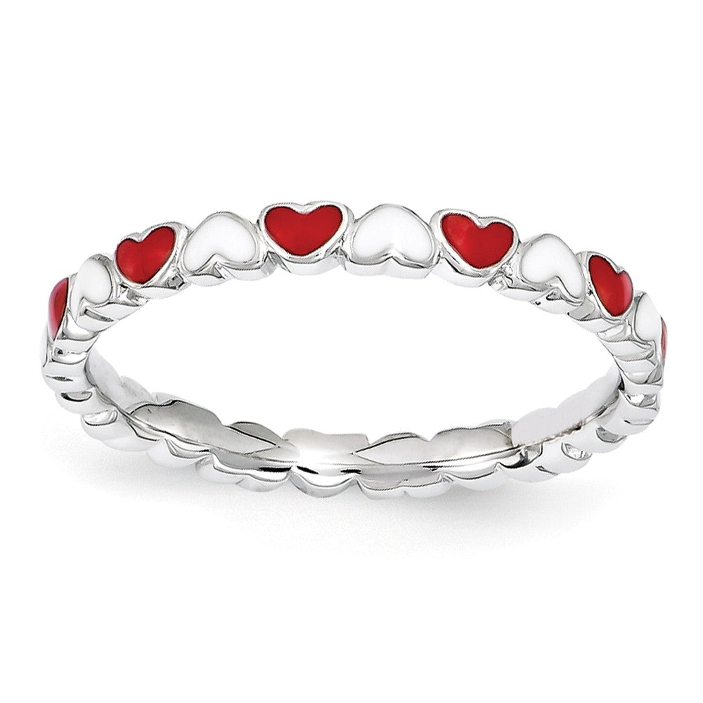 2.5mm Sterling Silver Stackable Red & White Enamel Heart Band, Item R11236 by The Black Bow Jewelry Co.