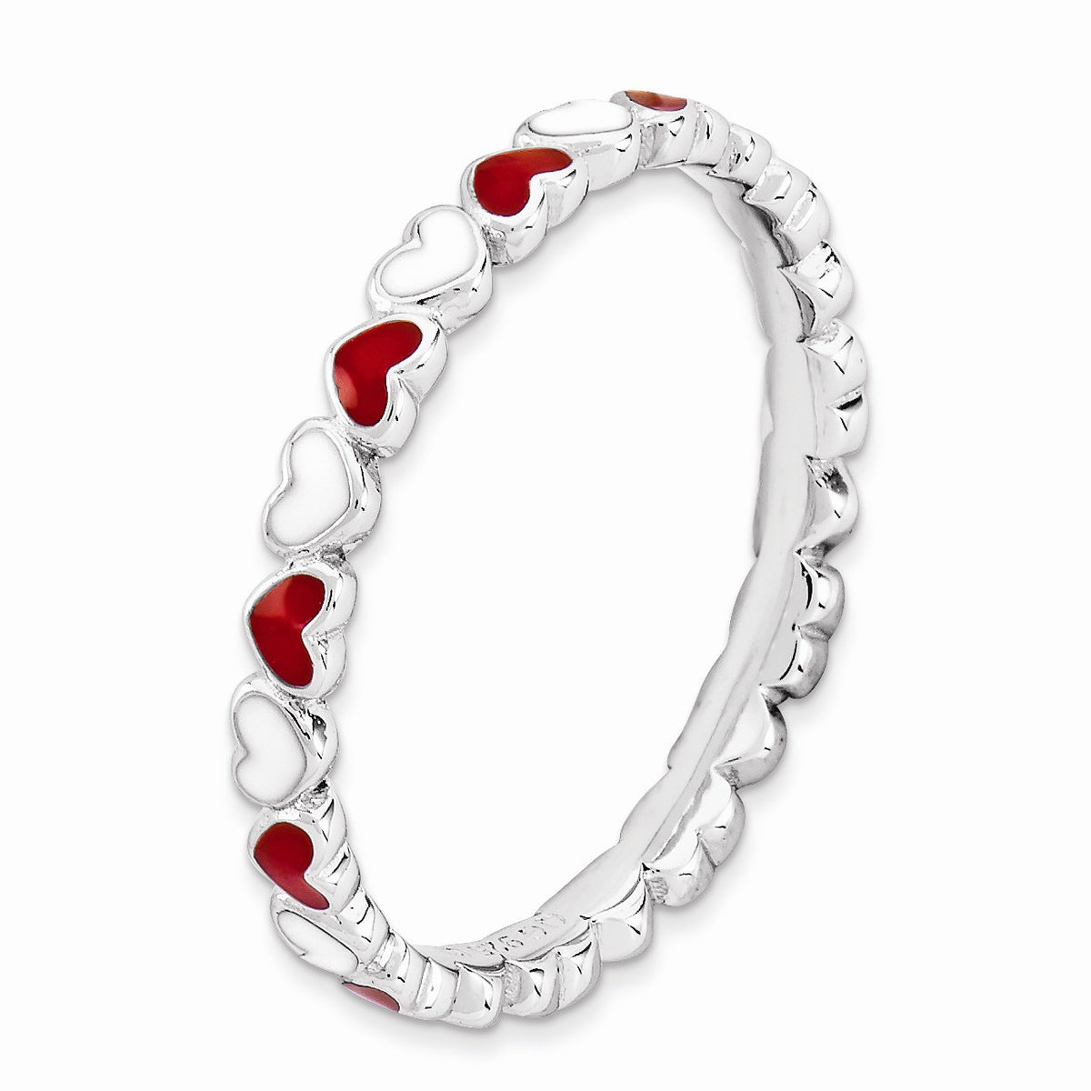 Alternate view of the 2.5mm Sterling Silver Stackable Red & White Enamel Heart Band by The Black Bow Jewelry Co.