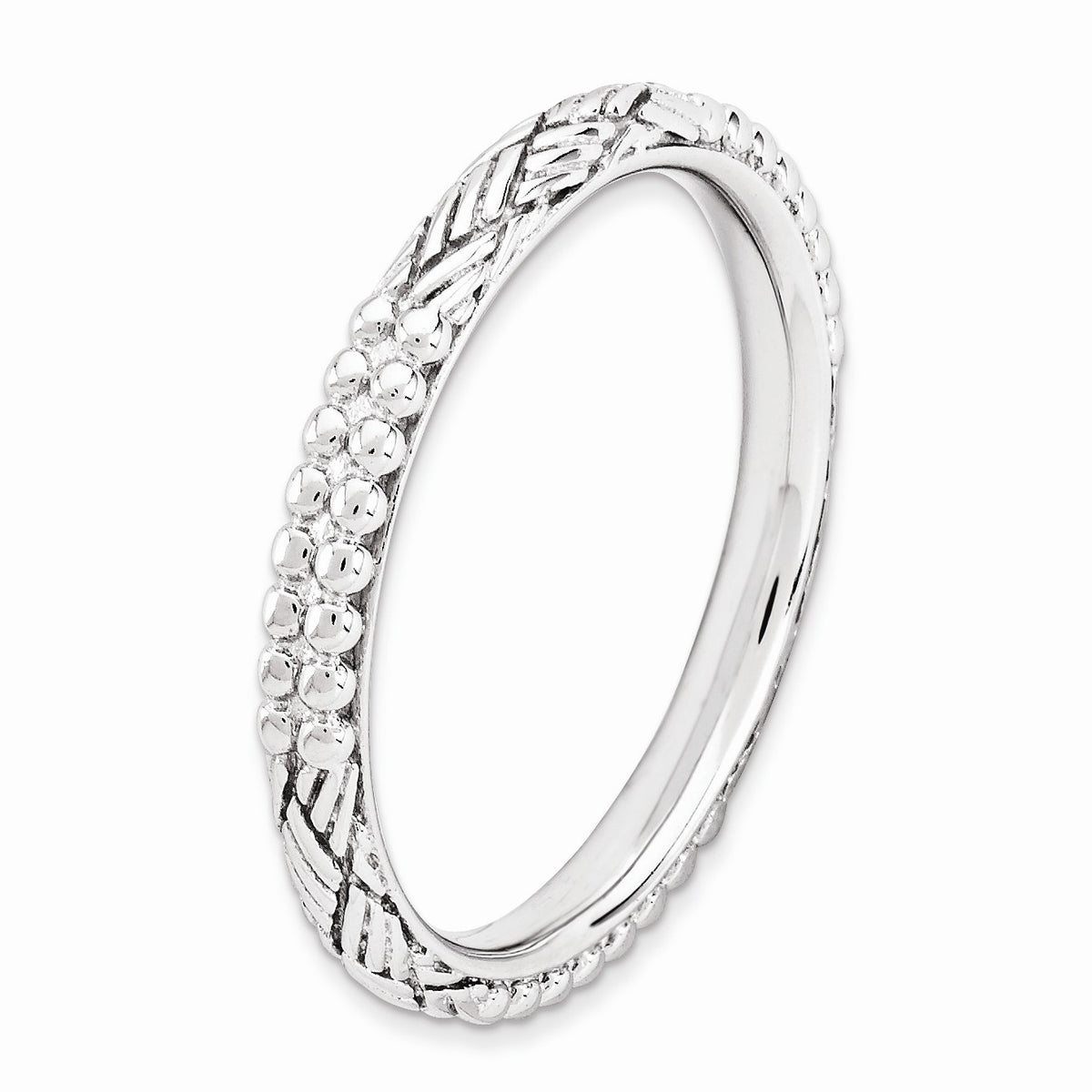 Alternate view of the 2.5mm Rhodium Plated Sterling Silver Stackable Patterned Band Size 5 by The Black Bow Jewelry Co.