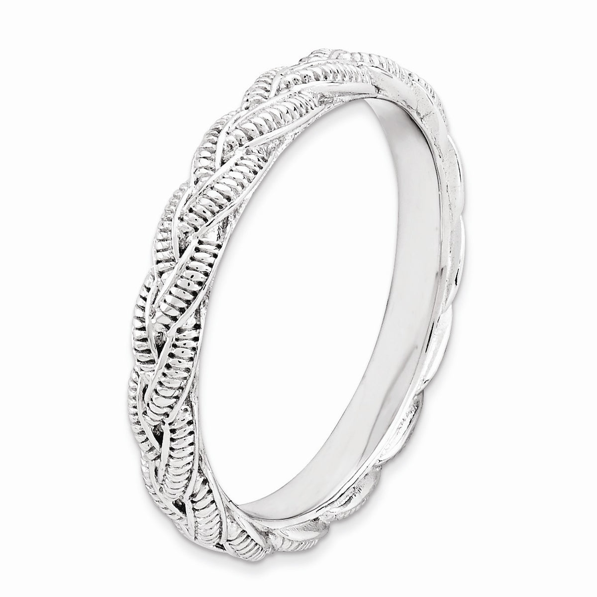 Alternate view of the 3.5mm Rhodium Plated Sterling Silver Stackable Textured Twist Band Sz5 by The Black Bow Jewelry Co.