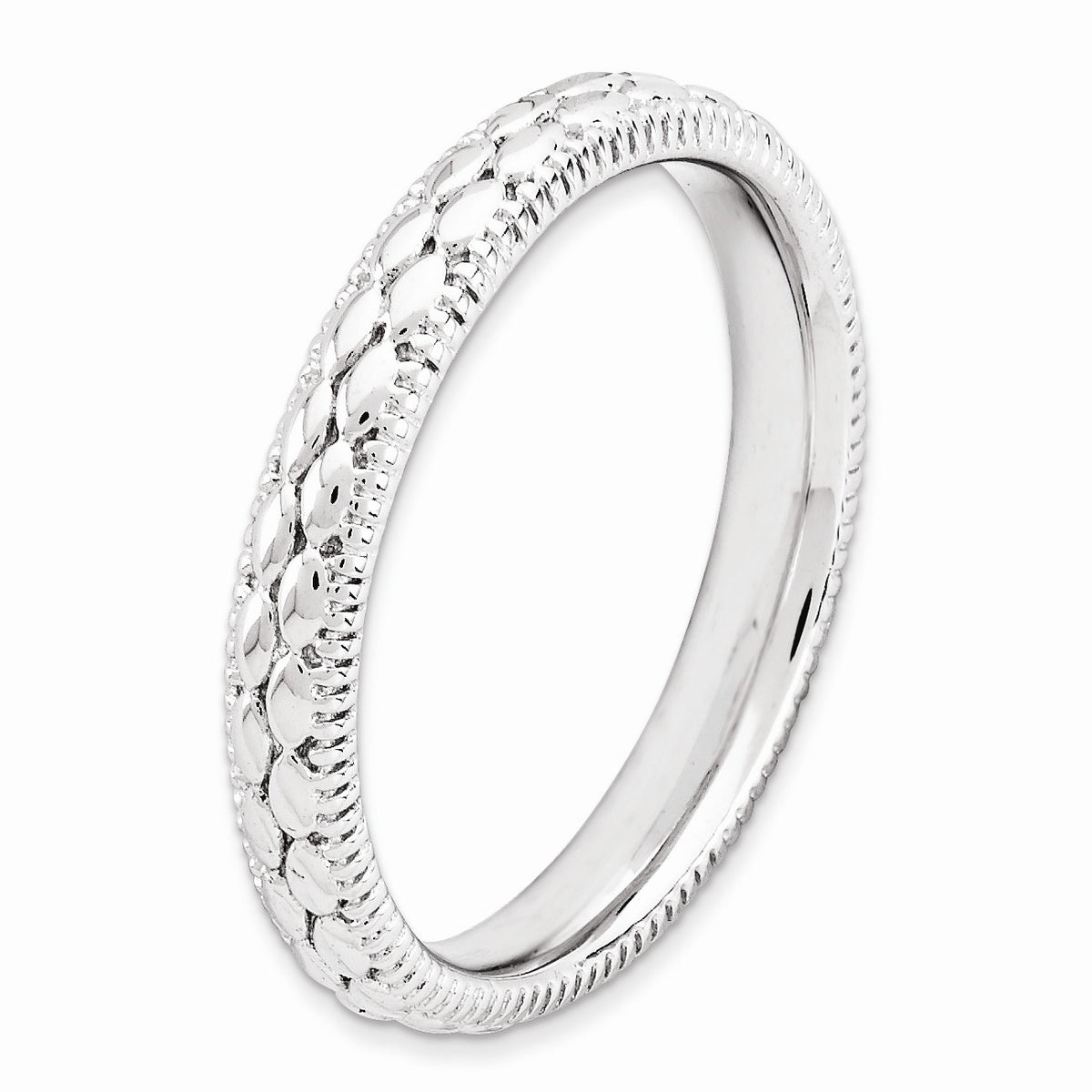 Alternate view of the 3.5mm Rhodium Plated Sterling Silver Stackable Patterned Band Size 5 by The Black Bow Jewelry Co.