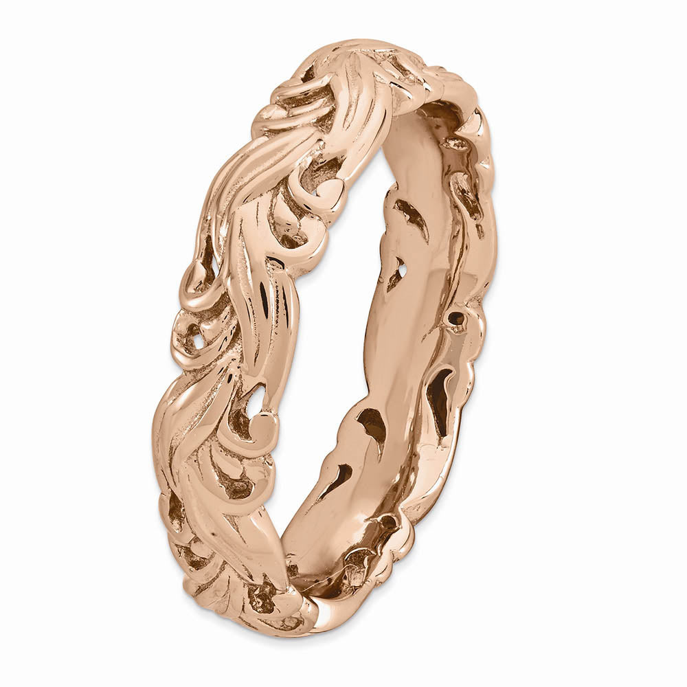 Alternate view of the 4.5mm Rose Gold Tone Plated Sterling Silver Stackable Carved Band by The Black Bow Jewelry Co.