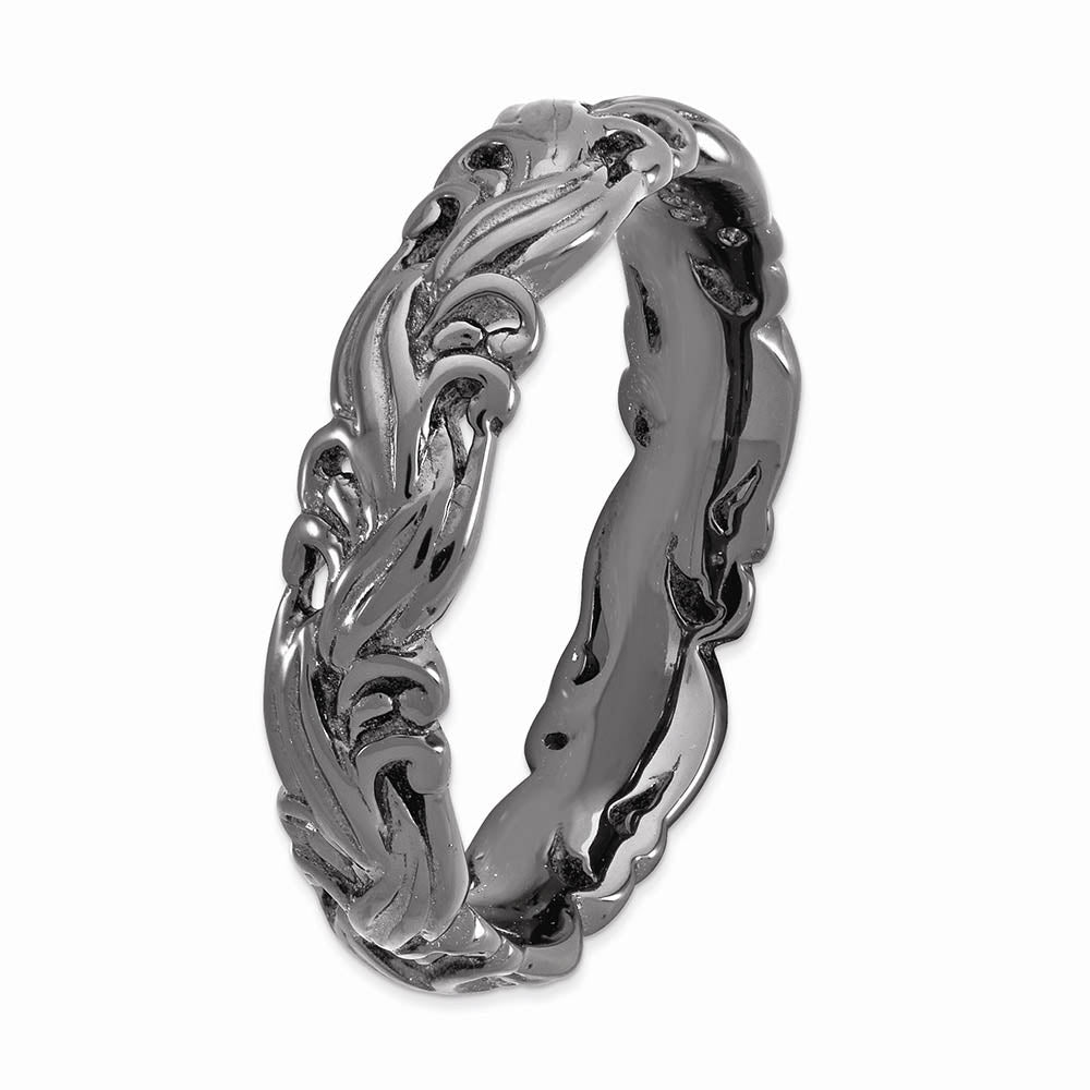 Alternate view of the 4.5mm Black Plated Sterling Silver Stackable Carved Band by The Black Bow Jewelry Co.