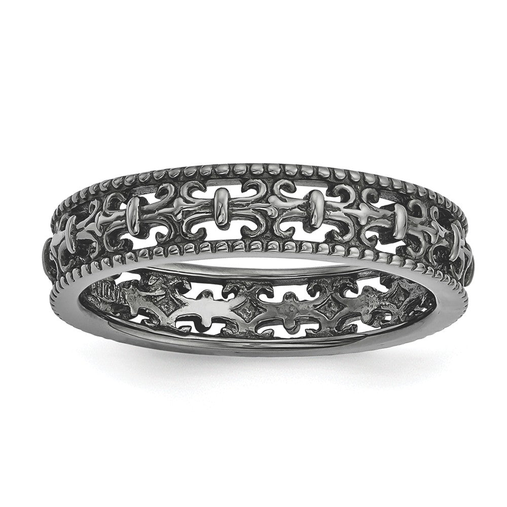 Black Plated Sterling Silver Stackable Fleur de Lis Band