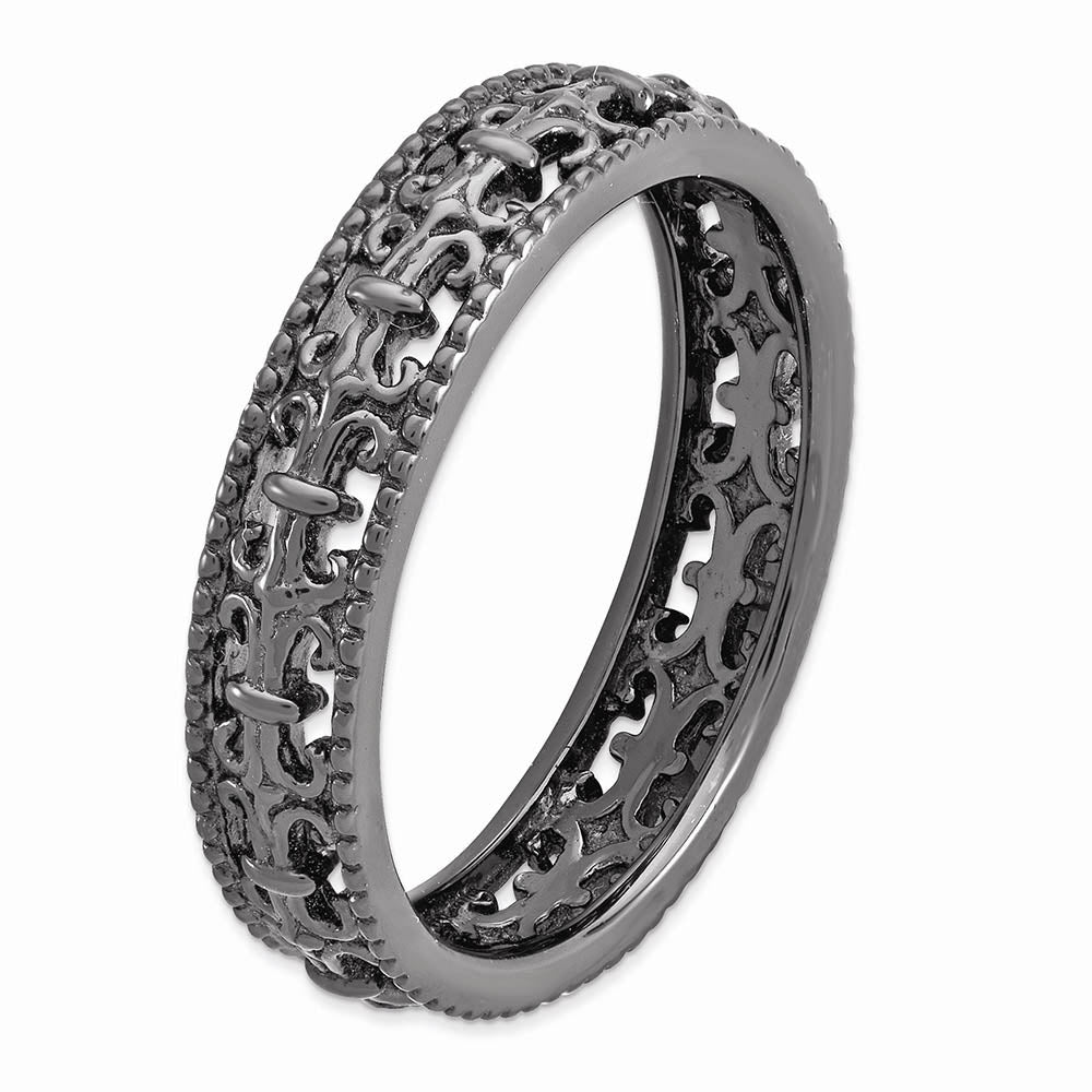 Alternate view of the 4.5mm Black Plated Sterling Silver Stackable Fleur de Lis Band Size 5 by The Black Bow Jewelry Co.