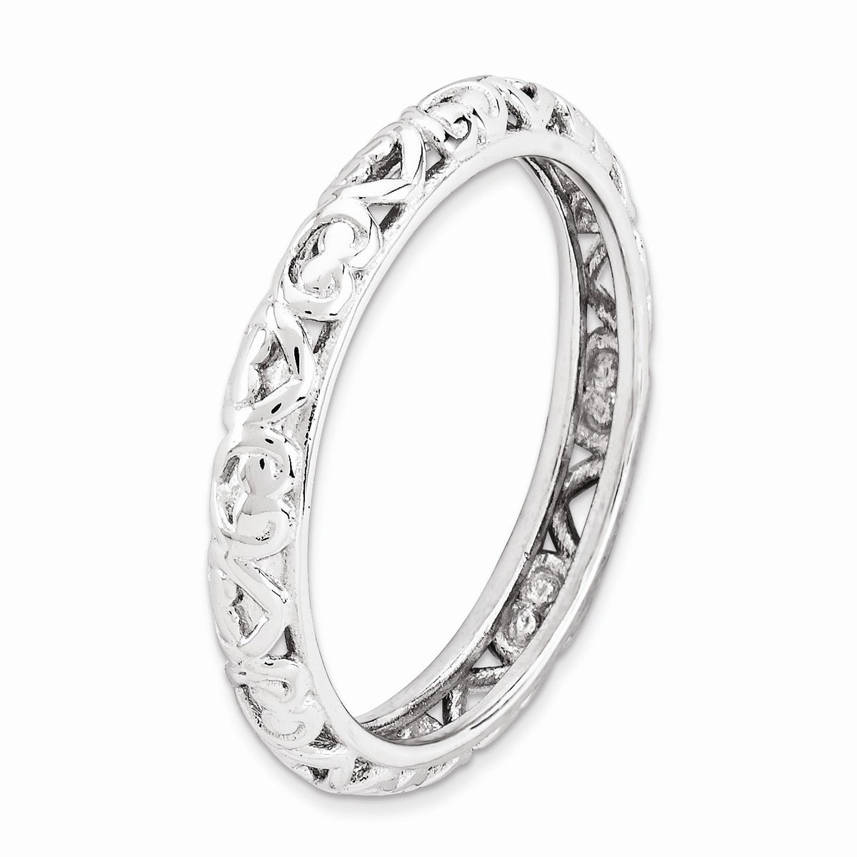 Alternate view of the 3.5mm Rhodium Plated Sterling Silver Stackable Domed Carved Heart Band by The Black Bow Jewelry Co.