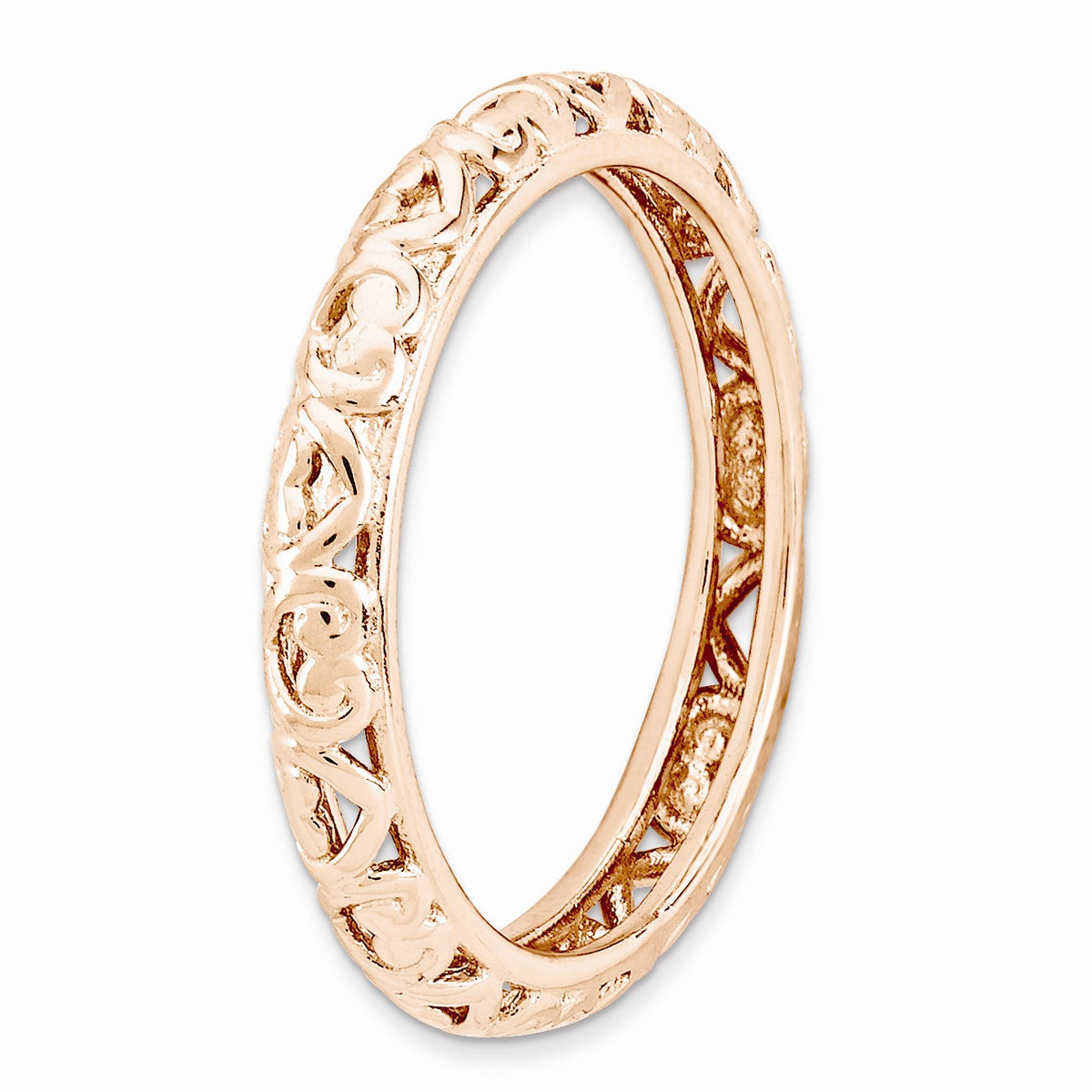 Alternate view of the 3.5mm Rose Gold Tone Sterling Silver Stackable Domed Carved Heart Band by The Black Bow Jewelry Co.