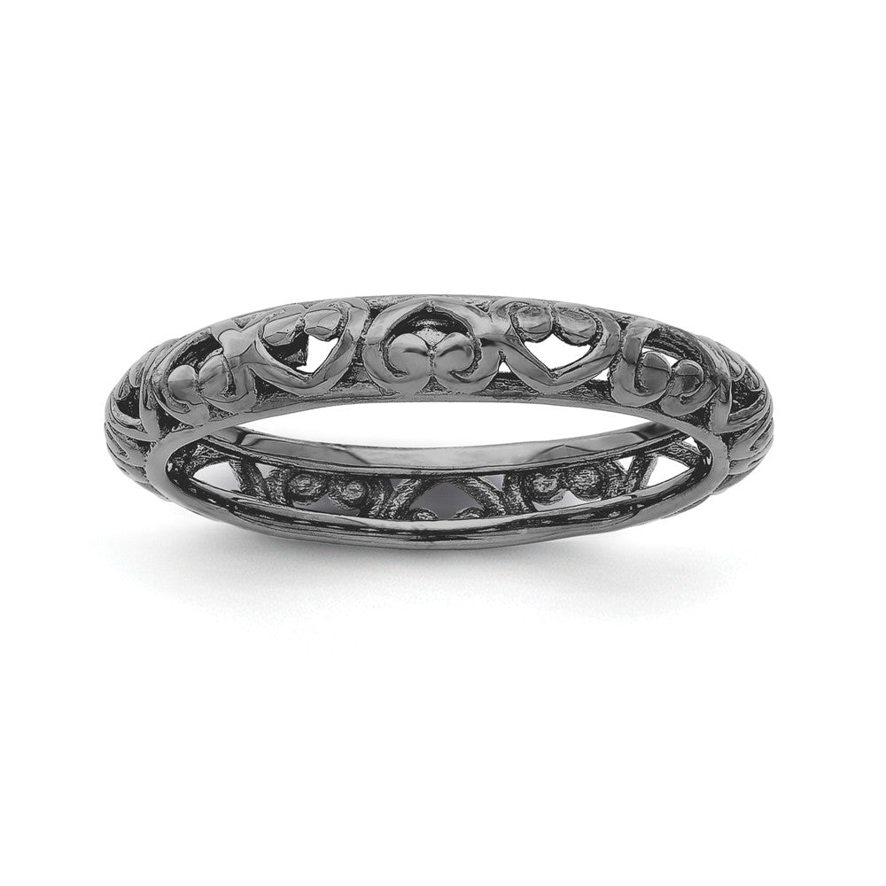 3.5mm Black Plated Sterling Silver Stackable Domed Carved Heart Band, Item R11281 by The Black Bow Jewelry Co.