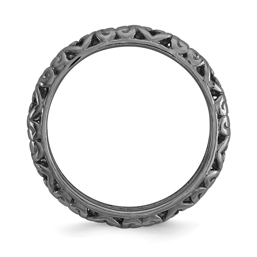 Alternate view of the 3.5mm Black Plated Sterling Silver Stackable Domed Carved Heart Band by The Black Bow Jewelry Co.