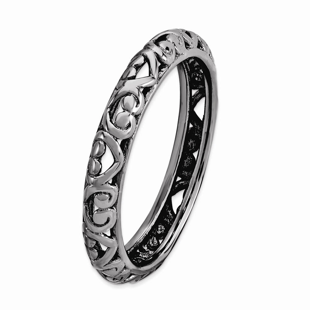 Alternate view of the 3.5mm Black Plated Sterling Silver Stackable Domed Carved Heart Band by The Black Bow Jewelry Co.