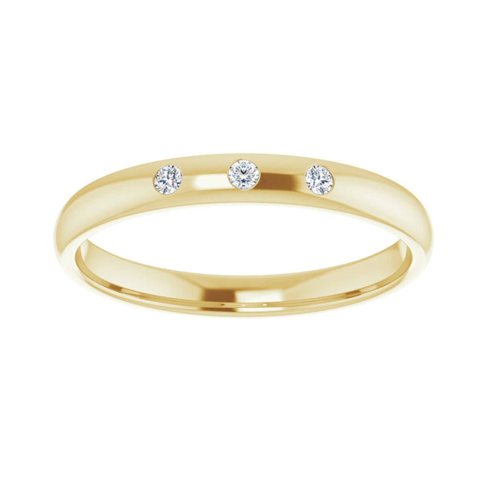 Alternate view of the 2.5mm 14k Yellow Gold & 3 Stone Diamond Half Round Comfort Fit Band by The Black Bow Jewelry Co.