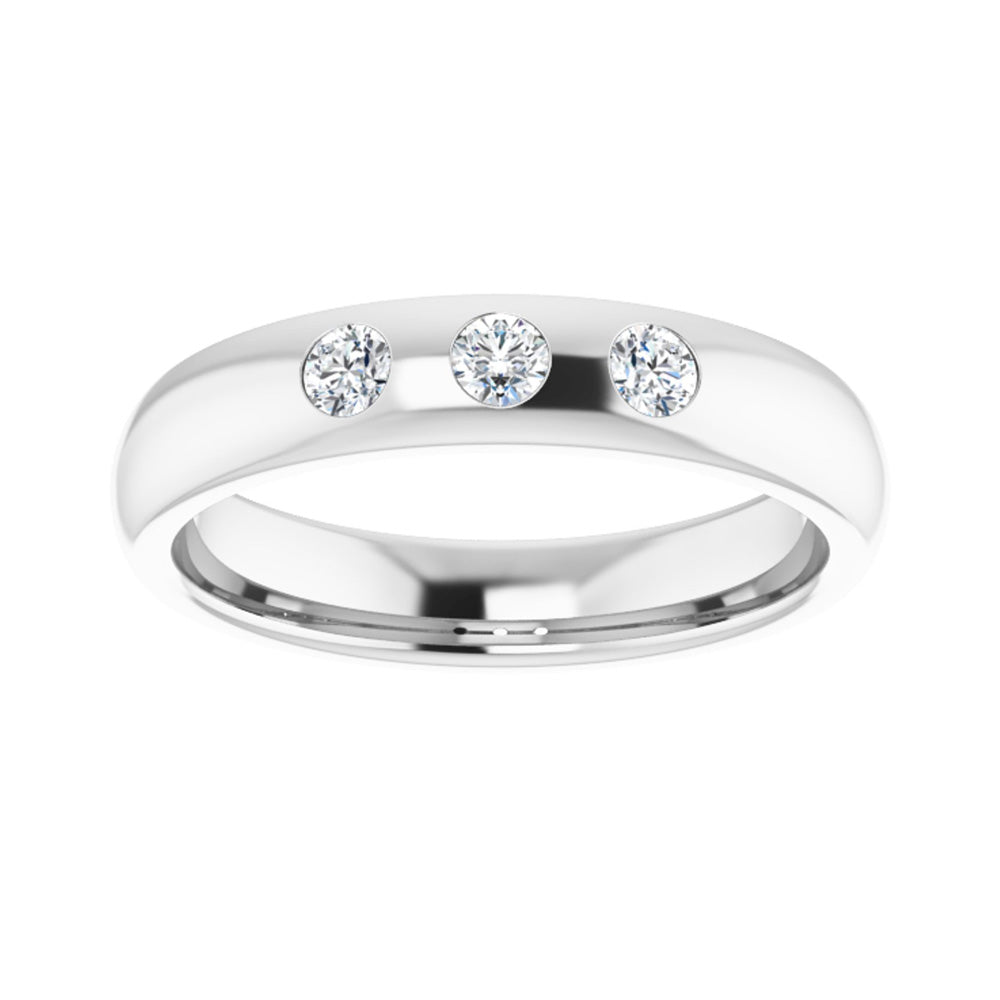 Alternate view of the 4mm 14k White Gold 1/5 Ctw Diamond 3 Stone Half Round Comfort Fit Band by The Black Bow Jewelry Co.